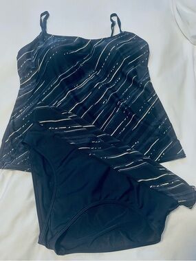 Simon Chang 16 Black Shimmery Gold  Striped Tankini Set  2 pce Swimsuit